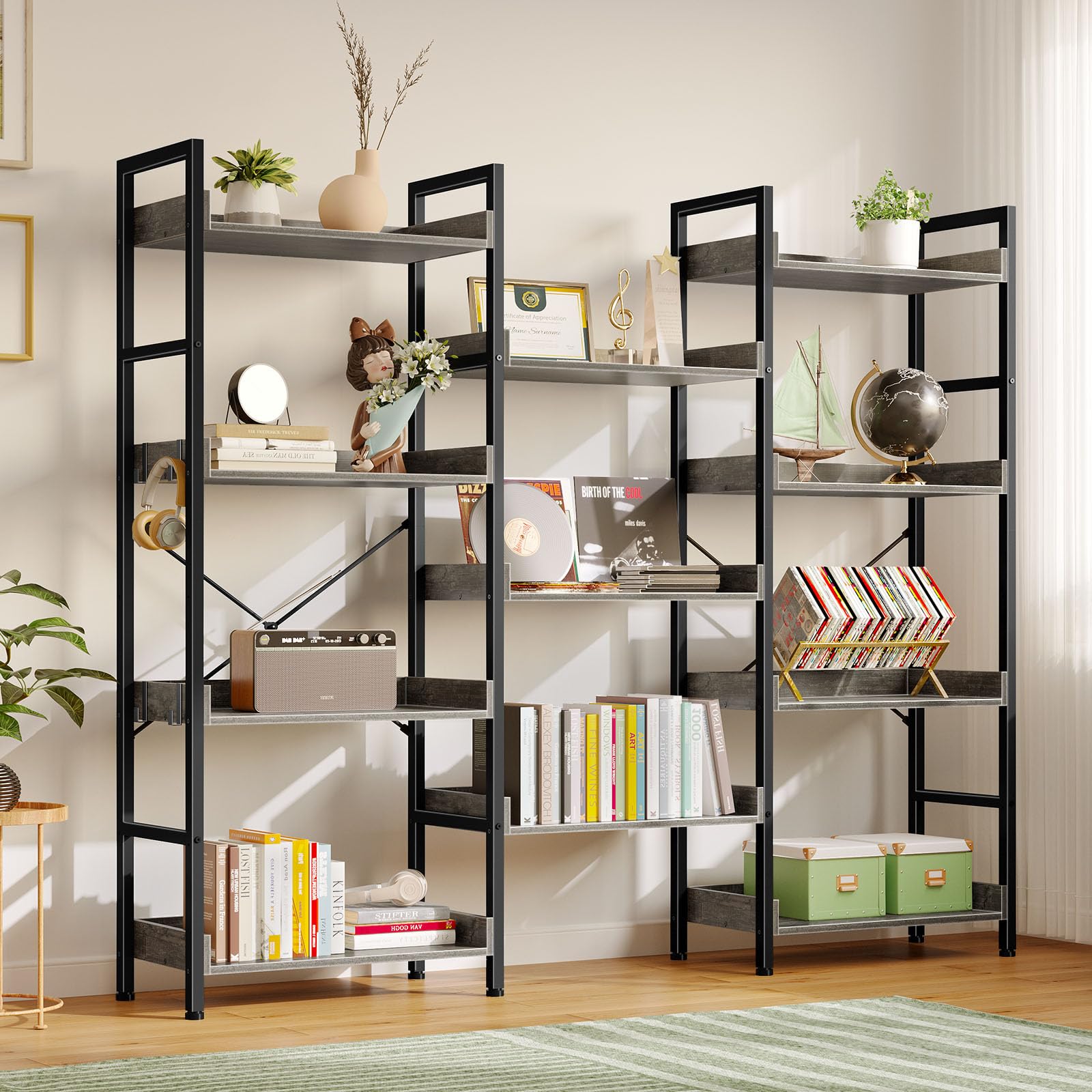 Rolanstar Triple Bookshelf, 4 Tier Industrial Bookshelf with Metal